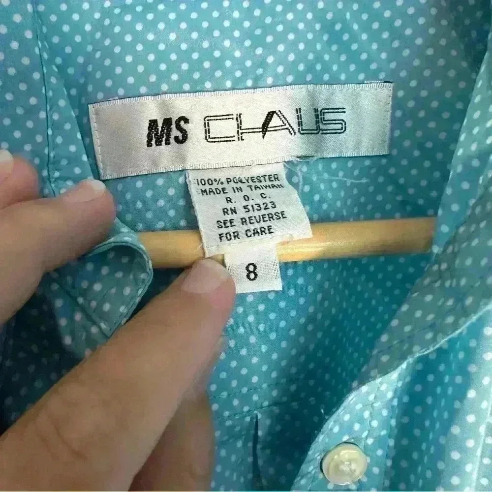 Ms Chaus blue white polka dot shirt dress 8 feminine satin Vintage 80’s 90’s - Picture 14 of 15